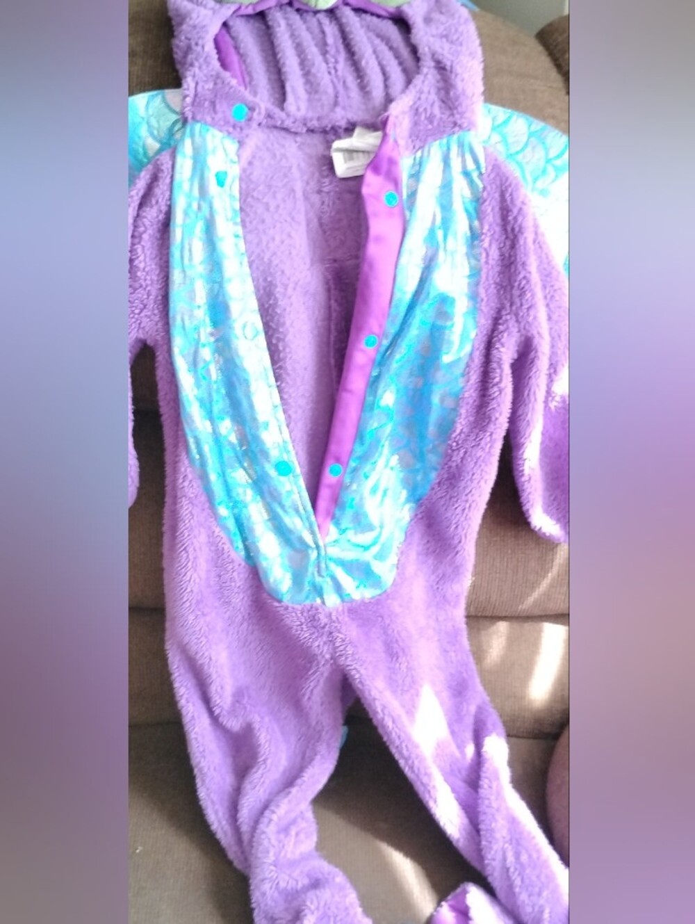 Toddler Plush Dragon One Piece Footie Costume with Shimmery Aqua Panel